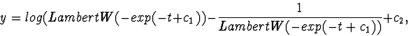 \begin{displaymath}y=log(LambertW(-exp(-t+c_{1}))-\frac{1}{LambertW(-exp(-t+c_{1}))}+c_{2},\end{displaymath}