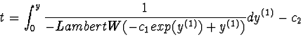 \begin{displaymath}t=\int^{y}_{0} \frac{1}{-LambertW(-c_{1}exp(y^{(1)})+y^{(1)})}dy^{(1)}-c_{2}\end{displaymath}