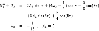 \begin{eqnarray*}U_2''+U_2&=&2 A_1\sin\:\tau+(4\omega_2+\frac{1}{4})\cos\:\tau-\...
...frac{5}{4} \cos(5\tau)\\
\omega_2&=&-\frac{1}{16}\;,\;\;\;A_1=0
\end{eqnarray*}