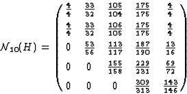 \begin{displaymath}\cn_{10}(H)=\pmatrix{\mathchoice {{4}\over{4}}{{4}\over{4}}{4...
...ice {{143}\over{146}}{{143}\over{146}}{143/146}{143/146}\cr
}\end{displaymath}