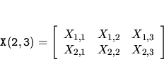 \begin{eqnarray*}
{\tt X(2,3)} = \left[ \begin{array}{ccc}
X_{1,1} & X_{1,2} & X_{1,3} \\ X_{2,1} & X_{2,2} & X_{2,3} \\
\end{array} \right]
\end{eqnarray*}